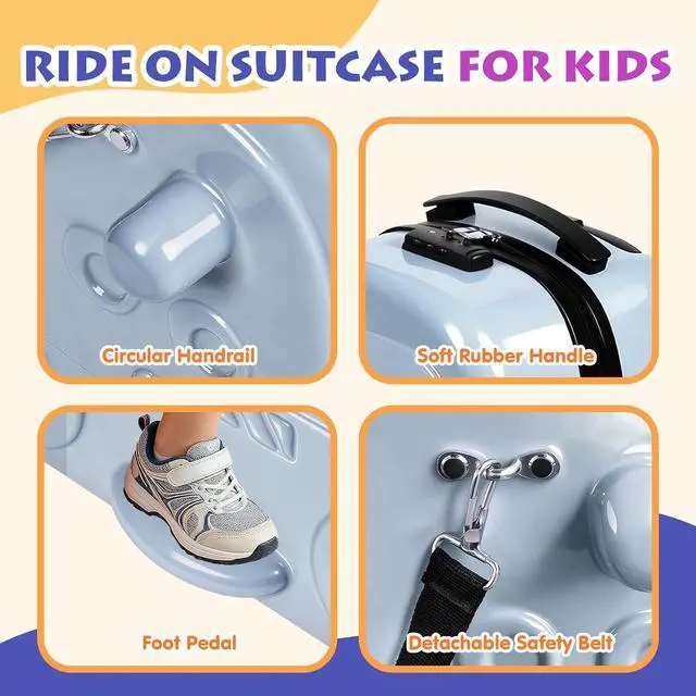 Alt view image 7 of 7 - 22" Kids Ride-On Suitcase with Safety Strap, Multifunctional Kids' Luggage with Double Spinner Wheels, Durable and Lightweight for Boys and Girls Ages 2-10 (Blue, 22-inch)