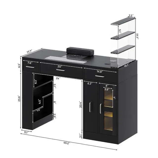 Alt view image 3 of 7 - Manicure Table Nail Tech Desk w/Glass Top Drawer, Nail Tech Table w/Movable Shelves, Dust Collector, Wireless Charging, Cabinet, LED Lights, Acetone-Resistant Salon Workstation (Black)