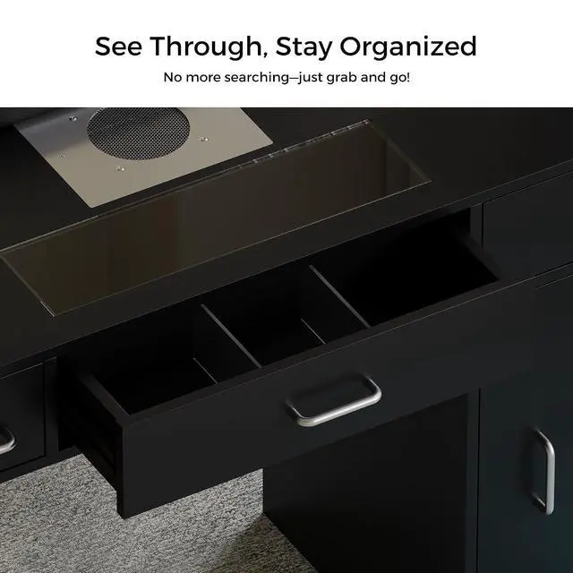 Alt view image 4 of 7 - Manicure Table Nail Tech Desk w/Glass Top Drawer, Nail Tech Table w/Movable Shelves, Dust Collector, Wireless Charging, Cabinet, LED Lights, Acetone-Resistant Salon Workstation (Black)