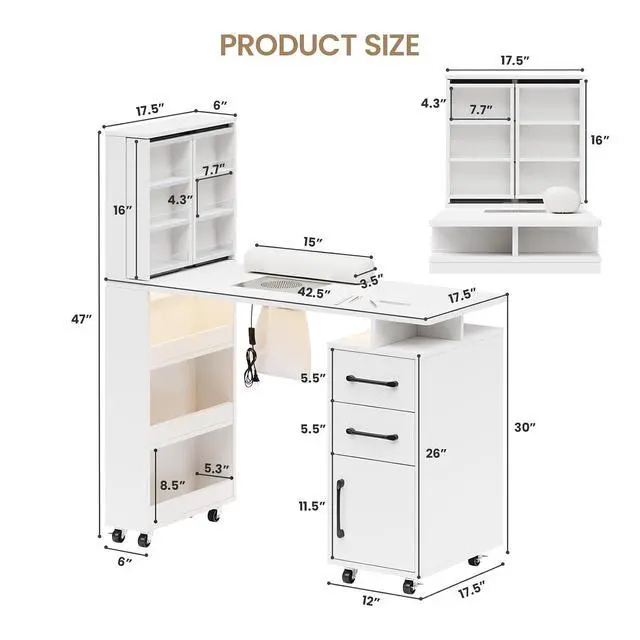 Alt view image 2 of 6 - Manicure Table with Extendable Polish Cabinet, Nail Desk with LED Light, Dust Collector, Wrist Rest, Lockable Wheels, Beauty Salon Station Home Nail Tech, White