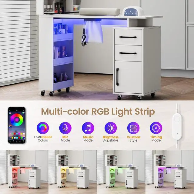 Alt view image 4 of 6 - Manicure Table with Extendable Polish Cabinet, Nail Desk with LED Light, Dust Collector, Wrist Rest, Lockable Wheels, Beauty Salon Station Home Nail Tech, White