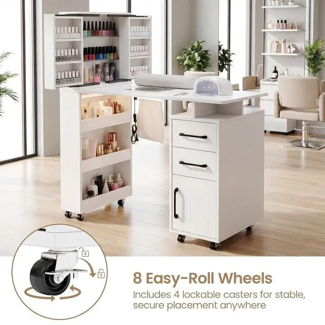 Alt view image 5 of 6 - Manicure Table with Extendable Polish Cabinet, Nail Desk with LED Light, Dust Collector, Wrist Rest, Lockable Wheels, Beauty Salon Station Home Nail Tech, White