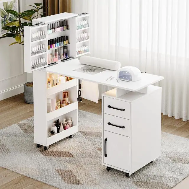 Main image of Manicure Table with Extendable Polish Cabinet, Nail Desk with LED Light, Dust Collector, Wrist Rest, Lockable Wheels, Beauty Salon Station Home Nail Tech, White