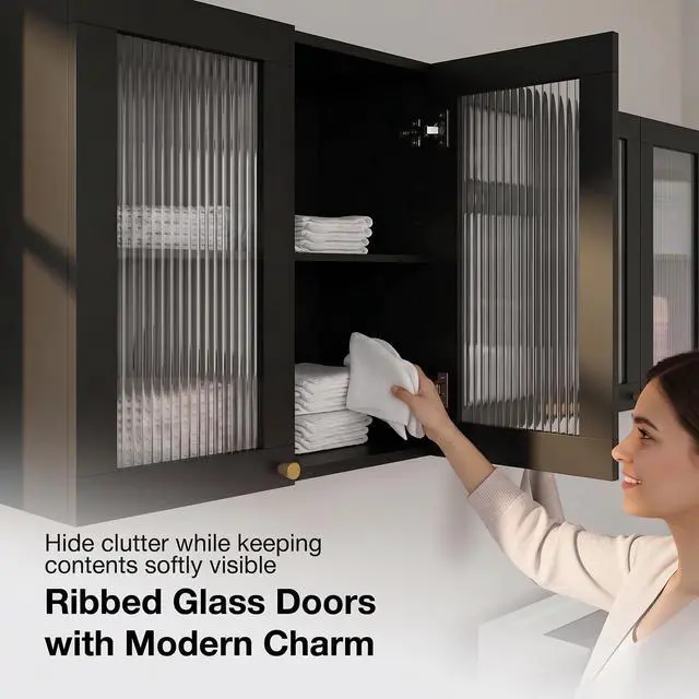 Alt view image 6 of 7 - Wall Mounted Storage Cabinet Set with Glass Doors (Black) | Adjustable Shelves, Hanging Rod, 4 S-Hooks, Open Storage Space, Ribbed Glass Door Design, Laundry Room, Bathroom & Kitchen
