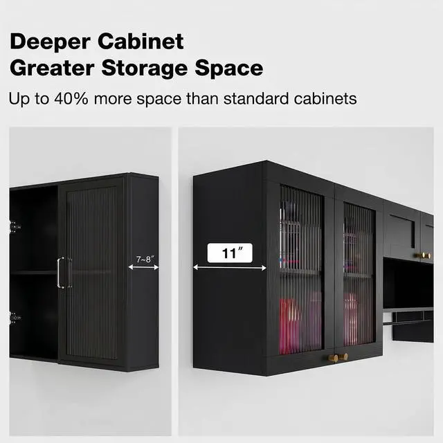 Alt view image 7 of 7 - Wall Mounted Storage Cabinet Set with Glass Doors (Black) | Adjustable Shelves, Hanging Rod, 4 S-Hooks, Open Storage Space, Ribbed Glass Door Design, Laundry Room, Bathroom & Kitchen