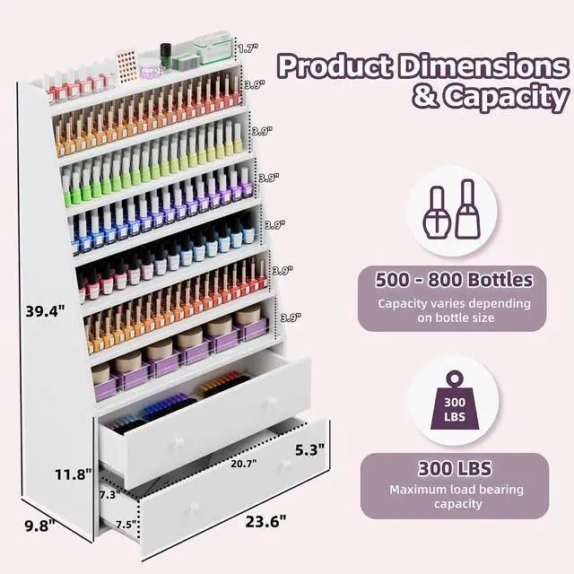 Alt view image 2 of 7 - Nail Polish Rack with 2 Drawers, Salon Display & Storage Cabinet with Acrylic Baffle, Holds 700+ Bottles of Polishes, Essential Oils & Perfumes, Suitable for Nail Salon & Beauty Store, White