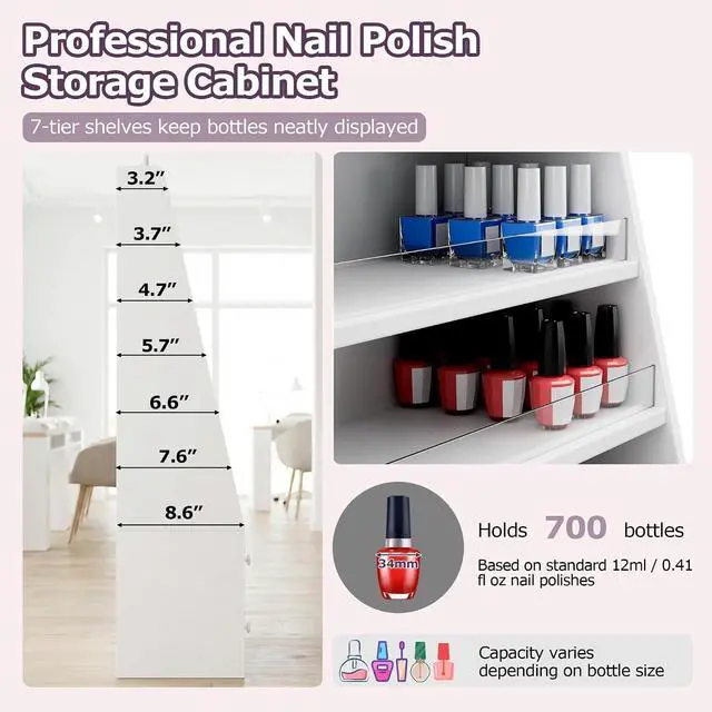 Alt view image 4 of 7 - Nail Polish Rack with 2 Drawers, Salon Display & Storage Cabinet with Acrylic Baffle, Holds 700+ Bottles of Polishes, Essential Oils & Perfumes, Suitable for Nail Salon & Beauty Store, White