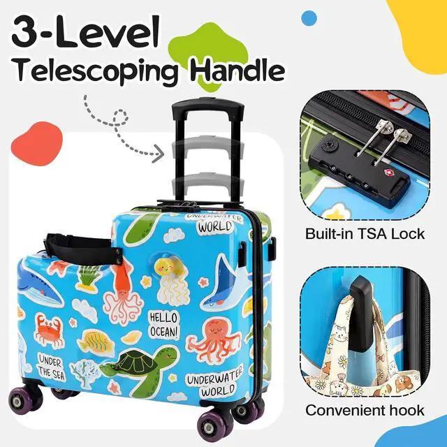 Alt view image 2 of 7 - 20" Kids Ride On Suitcase, Lightweight Hardshell Travel Luggage with Wheels | Child Safety Design, Built-In Safety Belt, Stable Footrest, 360° Spinner Wheels, TSA Lock, Cute Pattern, Organized Storage