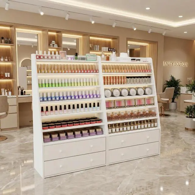 Alt view image 6 of 7 - Nail Polish Rack with 2 Drawers, Salon Display & Storage Cabinet with Acrylic Baffle, Holds 700+ Bottles of Polishes, Essential Oils & Perfumes, Suitable for Nail Salon & Beauty Store, White