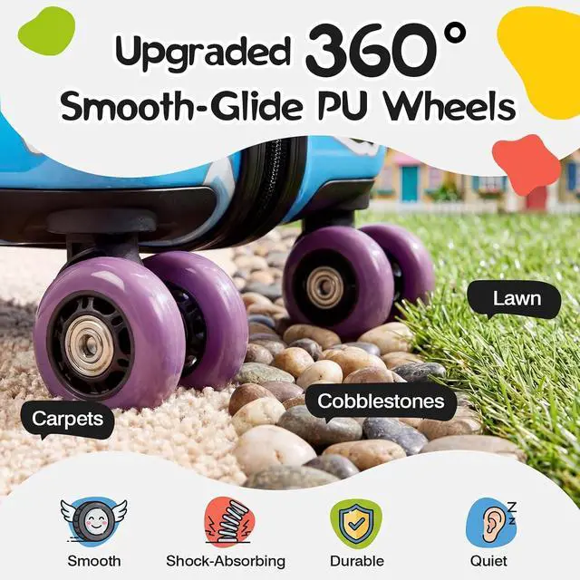 Alt view image 3 of 7 - 20" Kids Ride On Suitcase, Lightweight Hardshell Travel Luggage with Wheels | Child Safety Design, Built-In Safety Belt, Stable Footrest, 360° Spinner Wheels, TSA Lock, Cute Pattern, Organized Storage