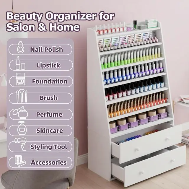 Alt view image 5 of 7 - Nail Polish Rack with 2 Drawers, Salon Display & Storage Cabinet with Acrylic Baffle, Holds 700+ Bottles of Polishes, Essential Oils & Perfumes, Suitable for Nail Salon & Beauty Store, White