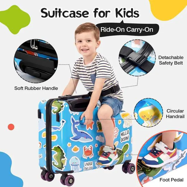 Alt view image 4 of 7 - 20" Kids Ride On Suitcase, Lightweight Hardshell Travel Luggage with Wheels | Child Safety Design, Built-In Safety Belt, Stable Footrest, 360° Spinner Wheels, TSA Lock, Cute Pattern, Organized Storage
