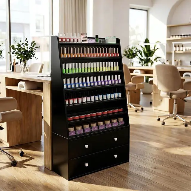 Main image of Nail Polish Rack with 2 Drawers, Salon Display & Storage Cabinet with Acrylic Baffle, Holds 700+ Bottles of Polishes, Essential Oils & Perfumes, Suitable for Nail Salon & Beauty Store, Black