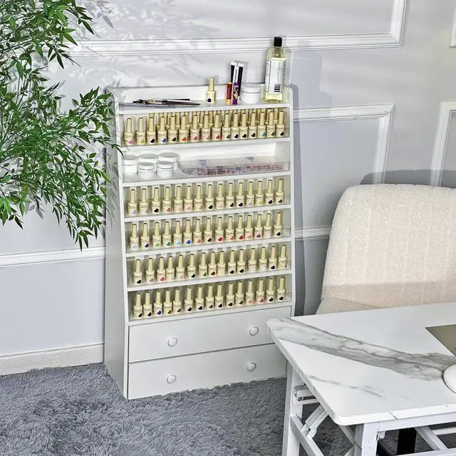Alt view image 7 of 7 - Nail Polish Rack with 2 Drawers, Salon Display & Storage Cabinet with Acrylic Baffle, Holds 700+ Bottles of Polishes, Essential Oils & Perfumes, Suitable for Nail Salon & Beauty Store, White