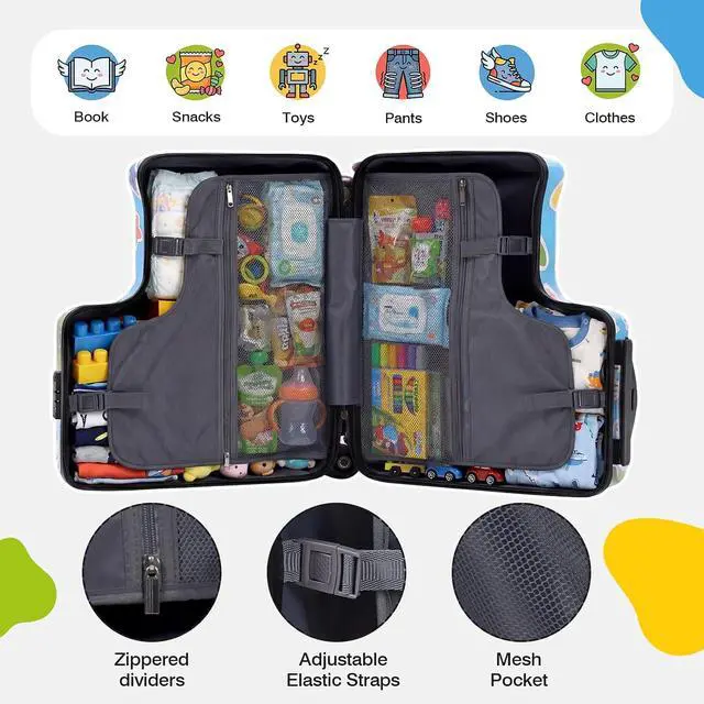 Alt view image 6 of 7 - 20" Kids Ride On Suitcase, Lightweight Hardshell Travel Luggage with Wheels | Child Safety Design, Built-In Safety Belt, Stable Footrest, 360° Spinner Wheels, TSA Lock, Cute Pattern, Organized Storage