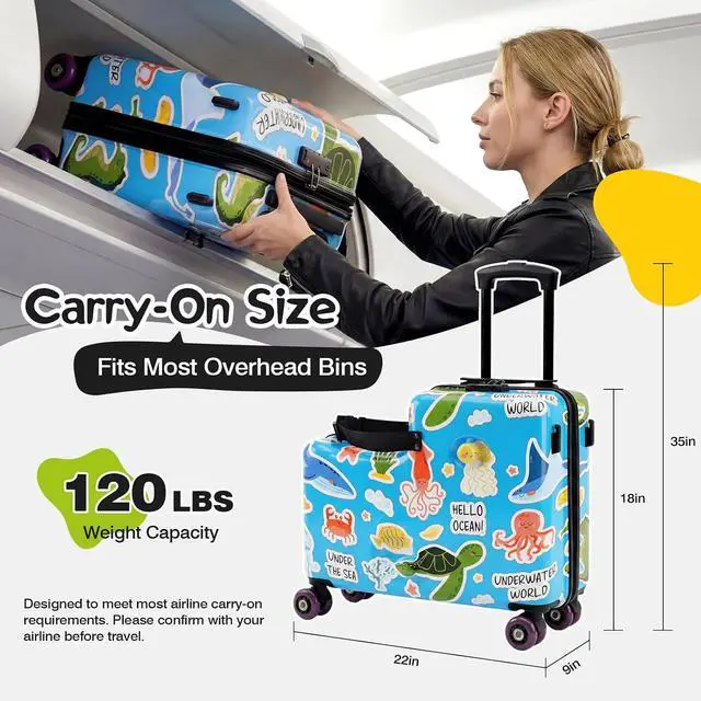 Alt view image 7 of 7 - 20" Kids Ride On Suitcase, Lightweight Hardshell Travel Luggage with Wheels | Child Safety Design, Built-In Safety Belt, Stable Footrest, 360° Spinner Wheels, TSA Lock, Cute Pattern, Organized Storage