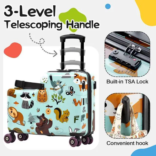 Alt view image 2 of 7 - 20" Kids Ride On Suitcase, Lightweight Hardshell Travel Luggage with Wheels | Child Safety Design, Built-In Safety Belt, Stable Footrest, 360° Spinner Wheels, TSA Lock, Cute Pattern, Organized Storage