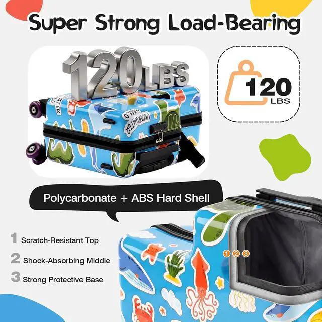 Alt view image 5 of 7 - 20" Kids Ride On Suitcase, Lightweight Hardshell Travel Luggage with Wheels | Child Safety Design, Built-In Safety Belt, Stable Footrest, 360° Spinner Wheels, TSA Lock, Cute Pattern, Organized Storage