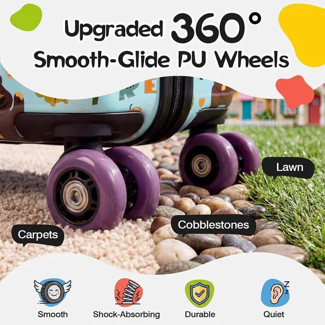 Alt view image 3 of 7 - 20" Kids Ride On Suitcase, Lightweight Hardshell Travel Luggage with Wheels | Child Safety Design, Built-In Safety Belt, Stable Footrest, 360° Spinner Wheels, TSA Lock, Cute Pattern, Organized Storage