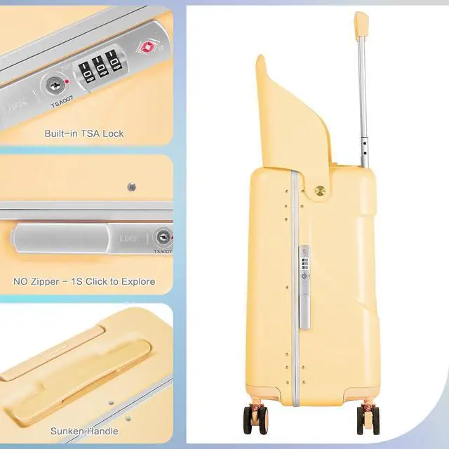 Alt view image 4 of 7 - 20" Carry On Luggage with Seat For Kids & AdultsHardside Ride On Suitcase with 360°Spinner and TSA Lock For Travel (Yellow, 20")