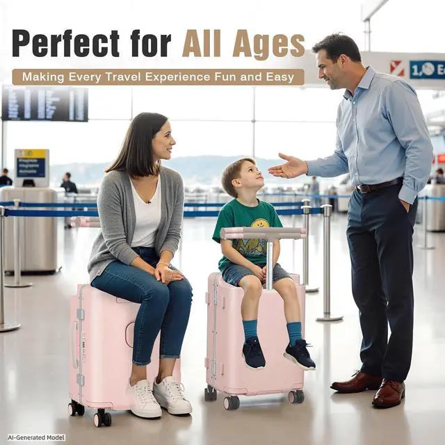 Alt view image 2 of 7 - Kids Ride-On Luggage with Adjustable Safety Seat, 20 Inch Carry On Suitcase with 360° Silent Wheels, Cup & Tablet Holder, TSA Lock, For Toddlers to Adults, 200lbs Support, Lightweight Travel Suitcase