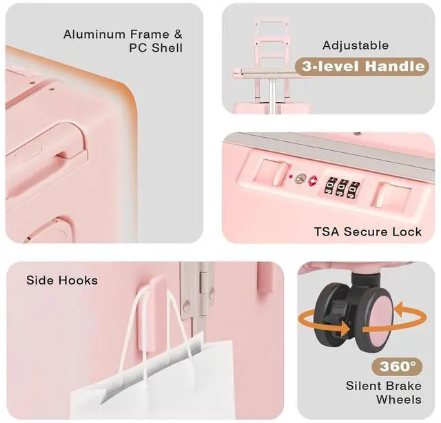 Alt view image 6 of 7 - Kids Ride-On Luggage with Adjustable Safety Seat, 20 Inch Carry On Suitcase with 360° Silent Wheels, Cup & Tablet Holder, TSA Lock, For Toddlers to Adults, 200lbs Support, Lightweight Travel Suitcase