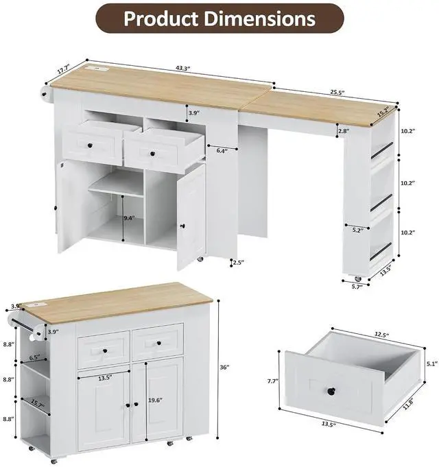 Alt view image 2 of 7 - Extendable Kitchen Island with Storage & Built-in Power Outlet (White) | 47"-72" Extendable Tabletop, Adjustable Shelf, Lockable Rolling Casters, Open Storage Rack