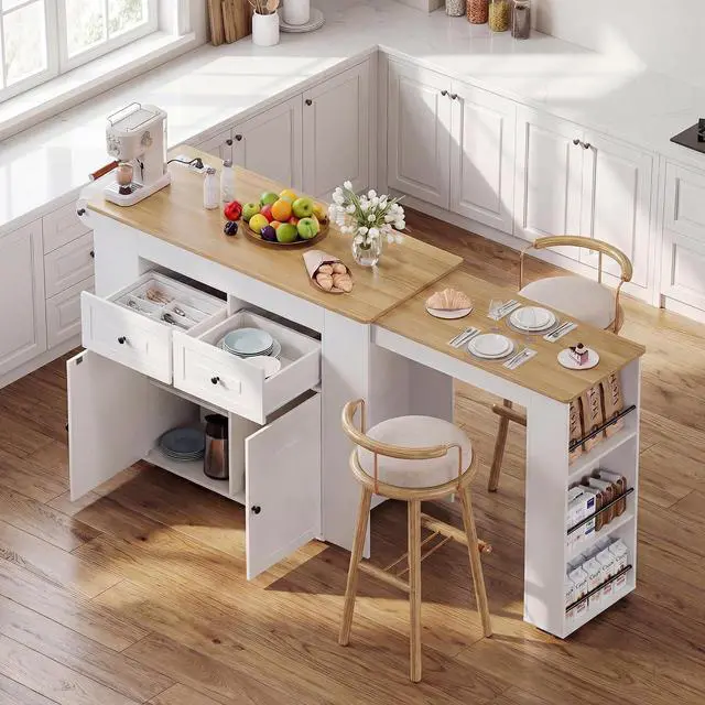 Main image of Extendable Kitchen Island with Storage & Built-in Power Outlet (White) | 47"-72" Extendable Tabletop, Adjustable Shelf, Lockable Rolling Casters, Open Storage Rack