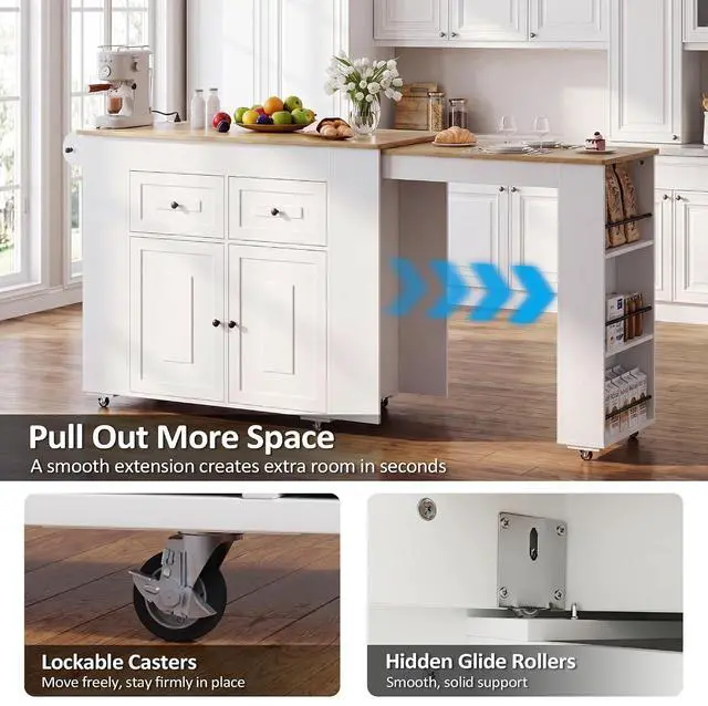 Alt view image 3 of 7 - Extendable Kitchen Island with Storage & Built-in Power Outlet (White) | 47"-72" Extendable Tabletop, Adjustable Shelf, Lockable Rolling Casters, Open Storage Rack