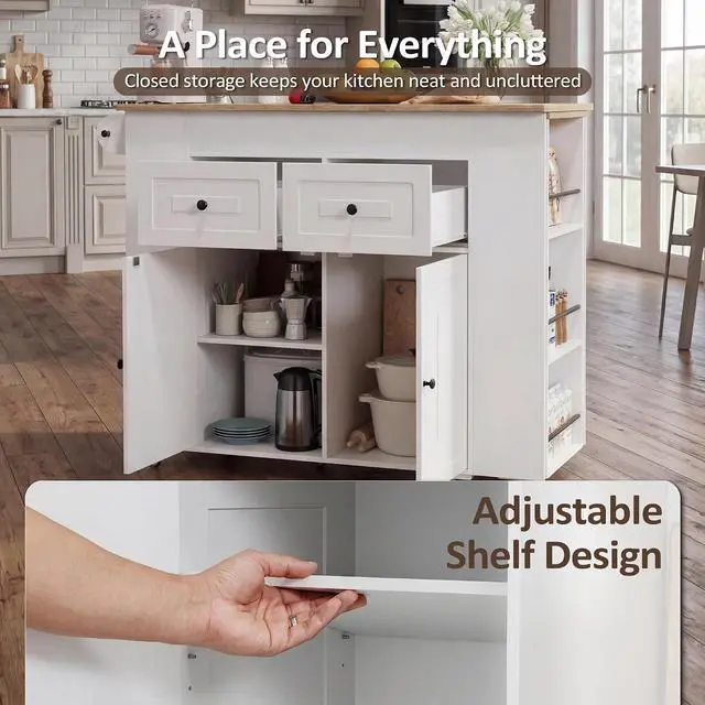 Alt view image 5 of 7 - Extendable Kitchen Island with Storage & Built-in Power Outlet (White) | 47"-72" Extendable Tabletop, Adjustable Shelf, Lockable Rolling Casters, Open Storage Rack