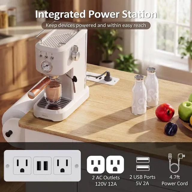 Alt view image 4 of 7 - Extendable Kitchen Island with Storage & Built-in Power Outlet (White) | 47"-72" Extendable Tabletop, Adjustable Shelf, Lockable Rolling Casters, Open Storage Rack