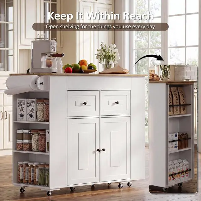 Alt view image 7 of 7 - Extendable Kitchen Island with Storage & Built-in Power Outlet (White) | 47"-72" Extendable Tabletop, Adjustable Shelf, Lockable Rolling Casters, Open Storage Rack