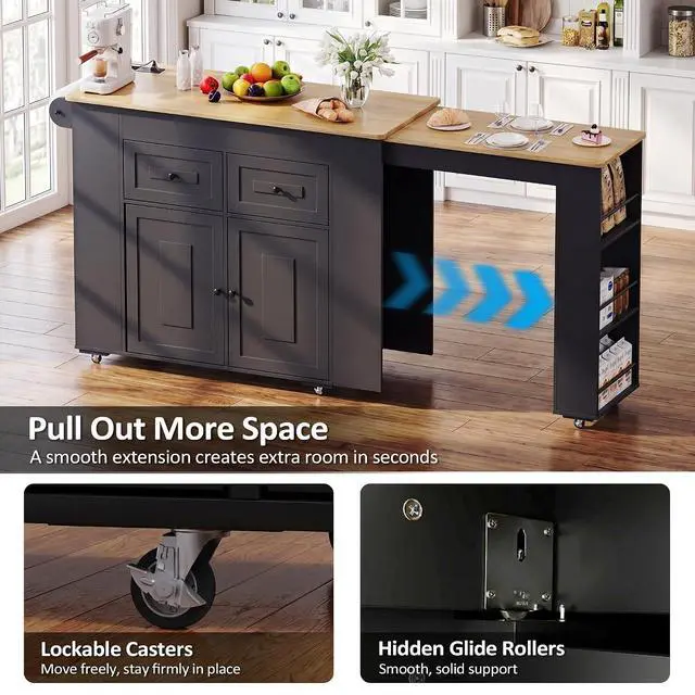 Alt view image 2 of 7 - Extendable Kitchen Island with Storage & Built-in Power Outlet (Black) | 47"-72" Extendable Tabletop, Adjustable Shelf, Lockable Rolling Casters, Open Storage Rack