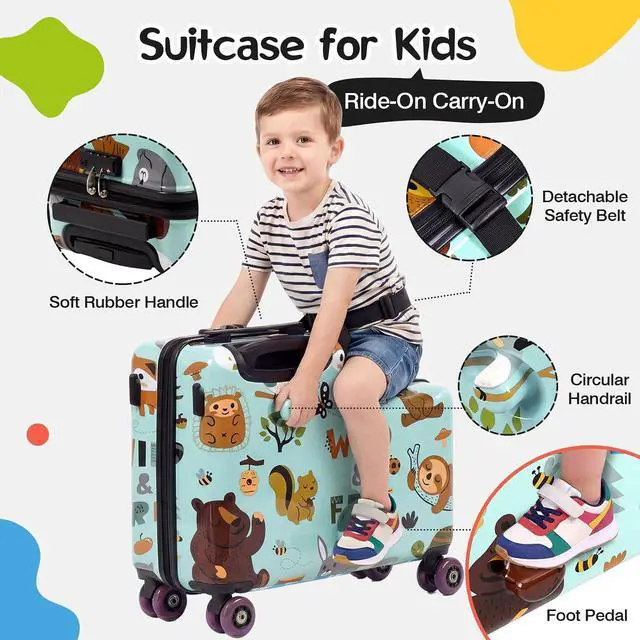 Alt view image 4 of 7 - 20" Kids Ride On Suitcase, Lightweight Hardshell Travel Luggage with Wheels | Child Safety Design, Built-In Safety Belt, Stable Footrest, 360° Spinner Wheels, TSA Lock, Cute Pattern, Organized Storage