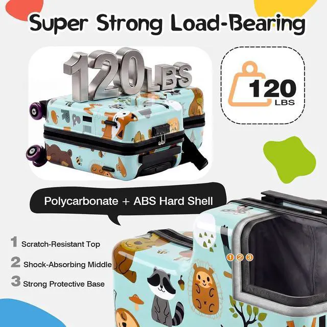 Alt view image 5 of 7 - 20" Kids Ride On Suitcase, Lightweight Hardshell Travel Luggage with Wheels | Child Safety Design, Built-In Safety Belt, Stable Footrest, 360° Spinner Wheels, TSA Lock, Cute Pattern, Organized Storage
