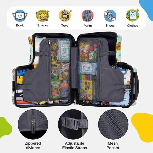 Alt view image 6 of 7 - 20" Kids Ride On Suitcase, Lightweight Hardshell Travel Luggage with Wheels | Child Safety Design, Built-In Safety Belt, Stable Footrest, 360° Spinner Wheels, TSA Lock, Cute Pattern, Organized Storage