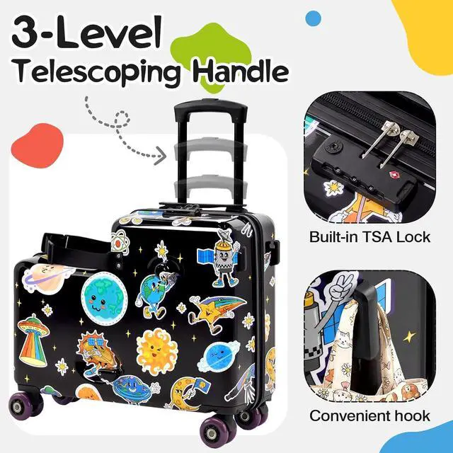 Alt view image 2 of 7 - 20" Kids Ride On Suitcase, Lightweight Hardshell Travel Luggage with Wheels | Child Safety Design, Built-In Safety Belt, Stable Footrest, 360° Spinner Wheels, TSA Lock, Cute Pattern, Organized Storage