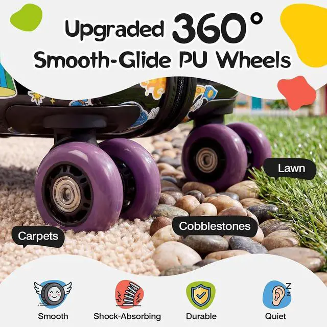 Alt view image 3 of 7 - 20" Kids Ride On Suitcase, Lightweight Hardshell Travel Luggage with Wheels | Child Safety Design, Built-In Safety Belt, Stable Footrest, 360° Spinner Wheels, TSA Lock, Cute Pattern, Organized Storage