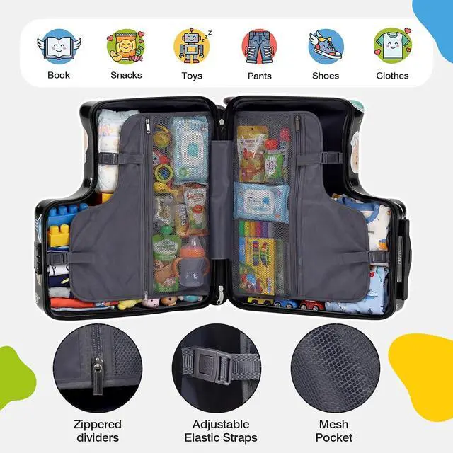 Alt view image 6 of 7 - 20" Kids Ride On Suitcase, Lightweight Hardshell Travel Luggage with Wheels | Child Safety Design, Built-In Safety Belt, Stable Footrest, 360° Spinner Wheels, TSA Lock, Cute Pattern, Organized Storage