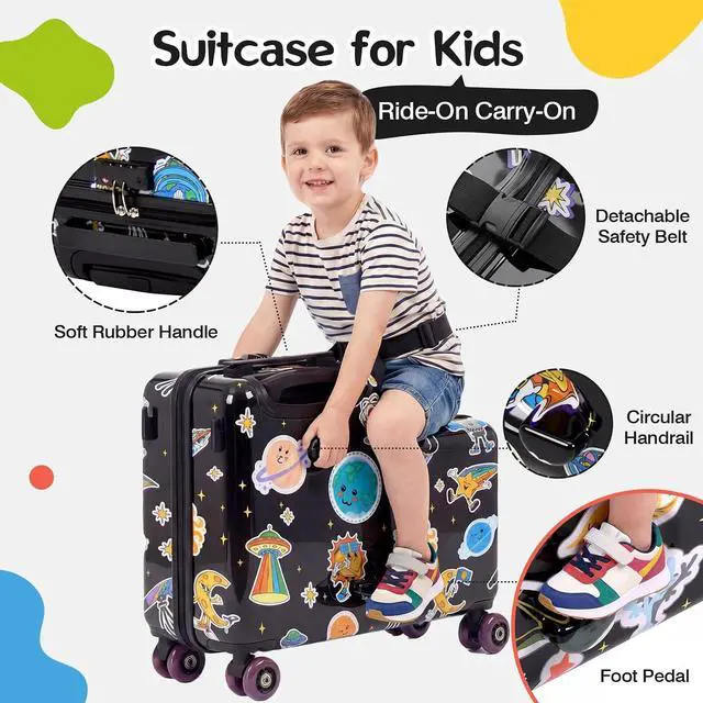 Alt view image 4 of 7 - 20" Kids Ride On Suitcase, Lightweight Hardshell Travel Luggage with Wheels | Child Safety Design, Built-In Safety Belt, Stable Footrest, 360° Spinner Wheels, TSA Lock, Cute Pattern, Organized Storage