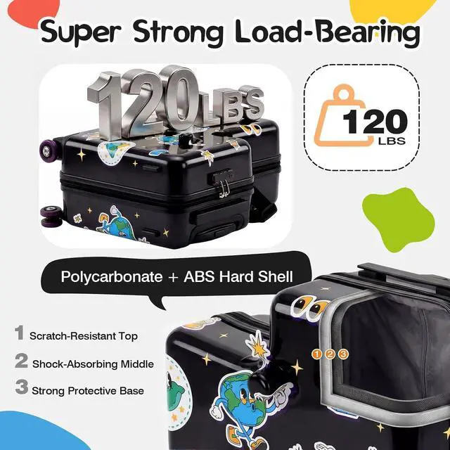 Alt view image 5 of 7 - 20" Kids Ride On Suitcase, Lightweight Hardshell Travel Luggage with Wheels | Child Safety Design, Built-In Safety Belt, Stable Footrest, 360° Spinner Wheels, TSA Lock, Cute Pattern, Organized Storage