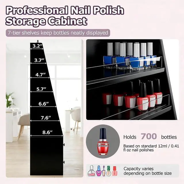 Alt view image 4 of 7 - Nail Polish Rack with 2 Drawers, Salon Display & Storage Cabinet with Acrylic Baffle, Holds 700+ Bottles of Polishes, Essential Oils & Perfumes, Suitable for Nail Salon & Beauty Store, Black