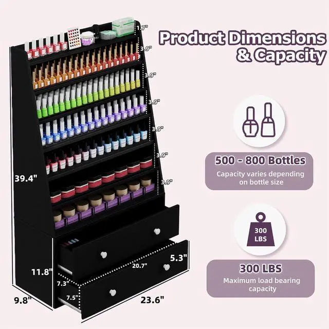 Alt view image 2 of 7 - Nail Polish Rack with 2 Drawers, Salon Display & Storage Cabinet with Acrylic Baffle, Holds 700+ Bottles of Polishes, Essential Oils & Perfumes, Suitable for Nail Salon & Beauty Store, Black