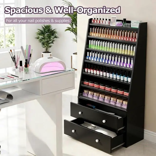 Alt view image 5 of 7 - Nail Polish Rack with 2 Drawers, Salon Display & Storage Cabinet with Acrylic Baffle, Holds 700+ Bottles of Polishes, Essential Oils & Perfumes, Suitable for Nail Salon & Beauty Store, Black