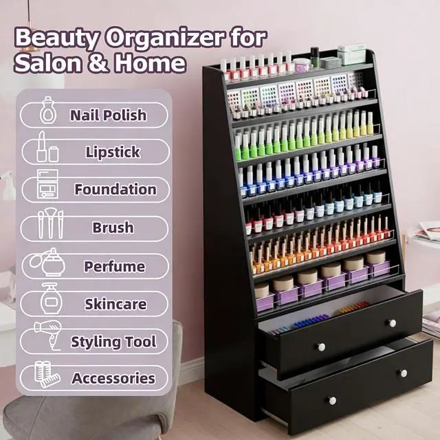 Alt view image 6 of 7 - Nail Polish Rack with 2 Drawers, Salon Display & Storage Cabinet with Acrylic Baffle, Holds 700+ Bottles of Polishes, Essential Oils & Perfumes, Suitable for Nail Salon & Beauty Store, Black