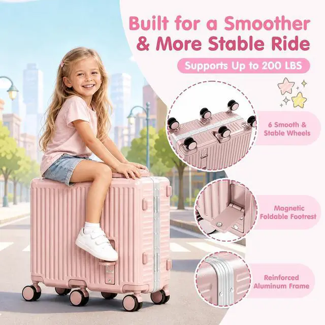 Alt view image 2 of 7 - Kids Ride-On Luggage, 20" Aluminum Frame Carry-On with 6 Wheels (Pink) | Premium Construction, 200 lb Capacity, Foldable Footrest, Dual Locks, Easy-Lift Handles & Utility Hook for Family Travel