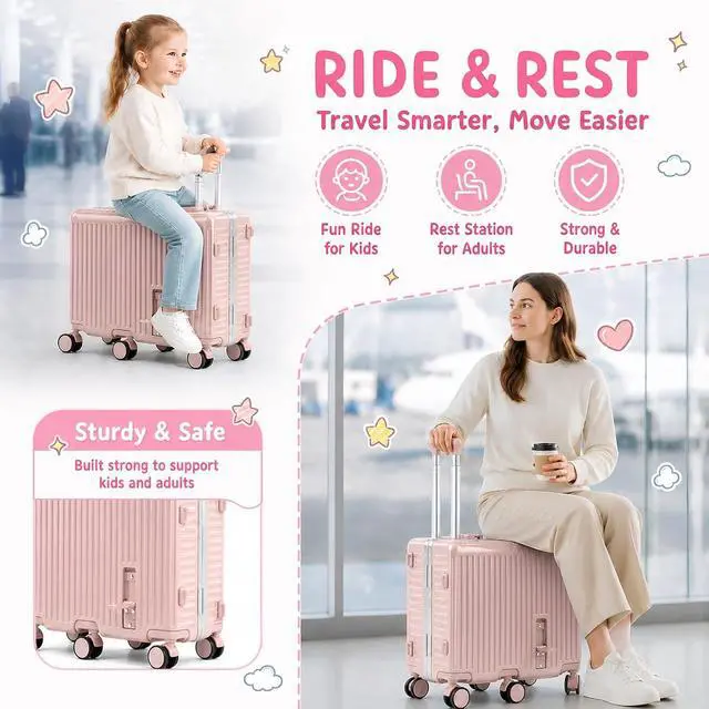 Alt view image 4 of 7 - Kids Ride-On Luggage, 20" Aluminum Frame Carry-On with 6 Wheels (Pink) | Premium Construction, 200 lb Capacity, Foldable Footrest, Dual Locks, Easy-Lift Handles & Utility Hook for Family Travel