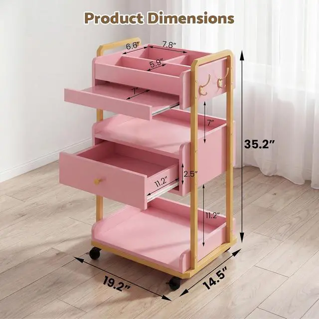 Alt view image 3 of 7 - Salon Spa Cart with Wheels & Drawer, 3-Tier Rolling Beauty Storage Cart with Slide-Out Tray, Mobile Salon Cart for Esthetician, Beauty Salon and Spa Use (Pink)