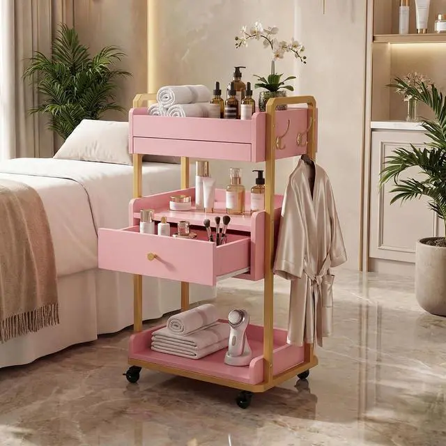 Alt view image 2 of 7 - Salon Spa Cart with Wheels & Drawer, 3-Tier Rolling Beauty Storage Cart with Slide-Out Tray, Mobile Salon Cart for Esthetician, Beauty Salon and Spa Use (Pink)
