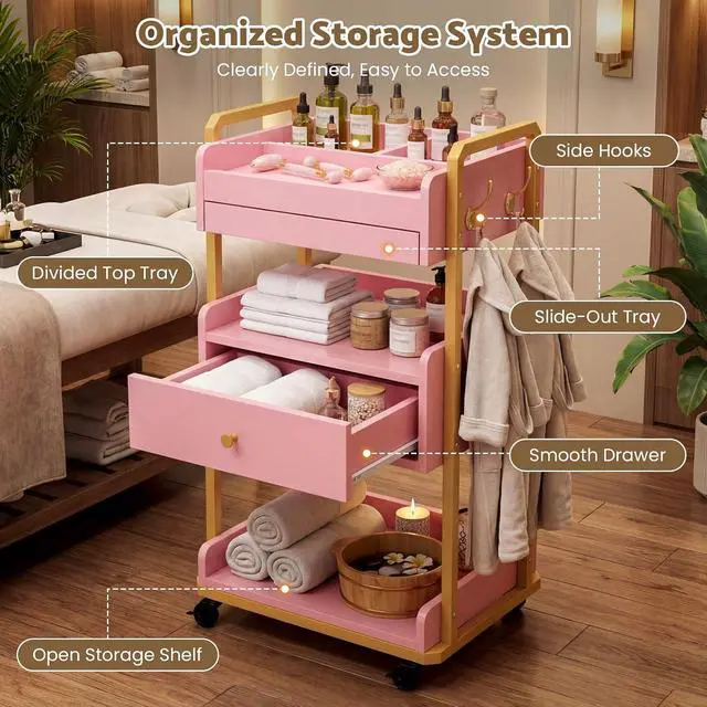 Alt view image 4 of 7 - Salon Spa Cart with Wheels & Drawer, 3-Tier Rolling Beauty Storage Cart with Slide-Out Tray, Mobile Salon Cart for Esthetician, Beauty Salon and Spa Use (Pink)